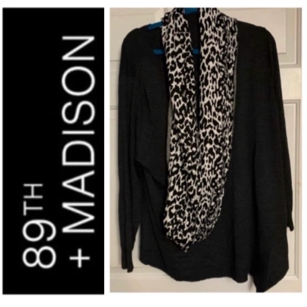 ☃️ 89th + MADISON  Charcoal Asymmetric Hem Sweater + Animal Print Scarf NWT 2X